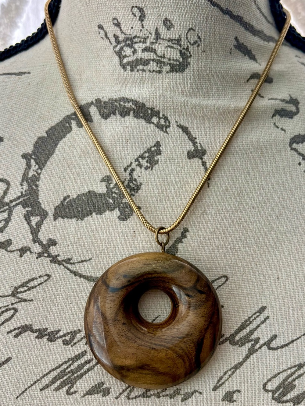 Vintage 1970s Solid Wood Donut Pendant Necklace 17” Chunky Boho Statement